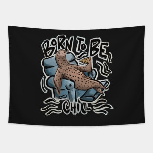 “Born to be chill” sloth laid back recliner eating pizza Tapestry