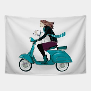 Fun Girl and Dog on Blue Scooter Tapestry