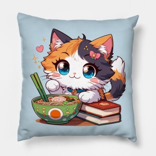 Kawaii cat loves ramen and books Pillow