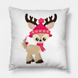 Christmas Reindeer, Cute Reindeer, Red Hat, Xmas Pillow