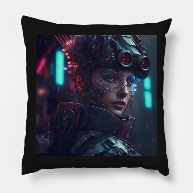 Female Cyberpunk Sniper Pillow by AICreateWorlds