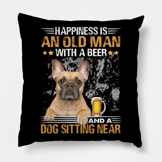 Happiness Is An Old Man With A Beer And A French Bulldog Sitting Near Pillow by Magazine