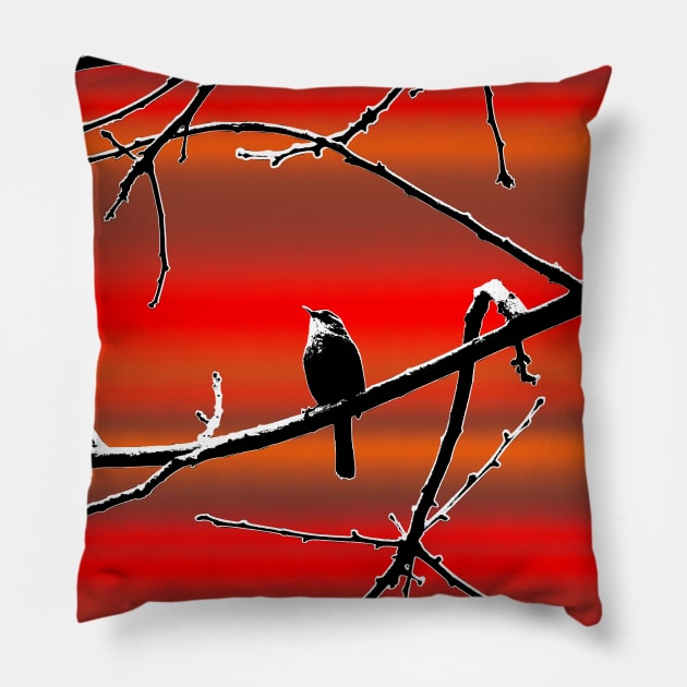 Wren on Branch Silhouette on Sunset Tones Pillow by ButterflyInTheAttic