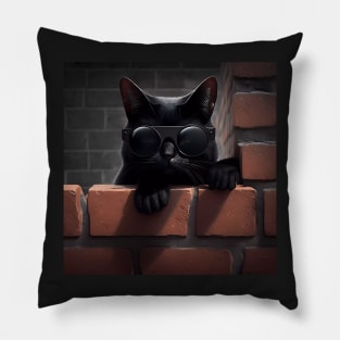 Black Cat with sunglasses sitting on brick wall sticker Pillow