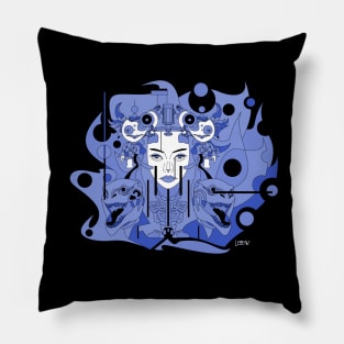 dark blue technology woman in the future of design ecopop surreal abstract art Pillow