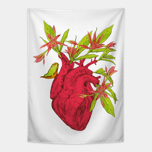 heart with flowers, leaves and birds Tapestry by Olga Berlet