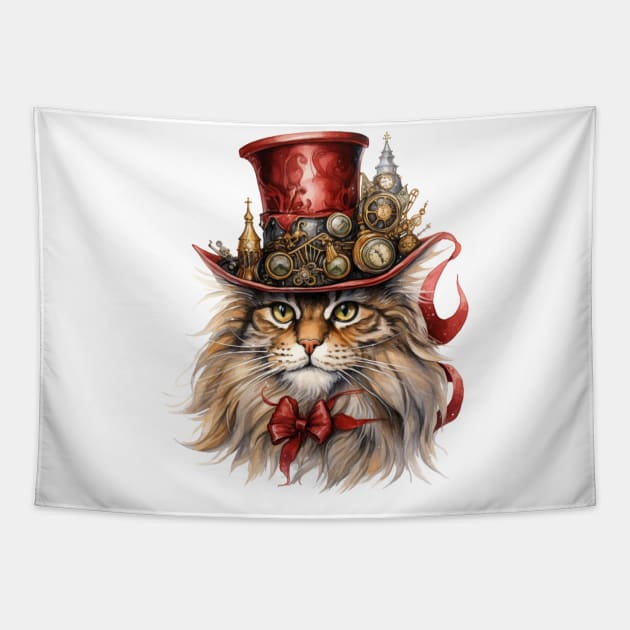 Steampunk Christmas Cat Tapestry by Chromatic Fusion Studio