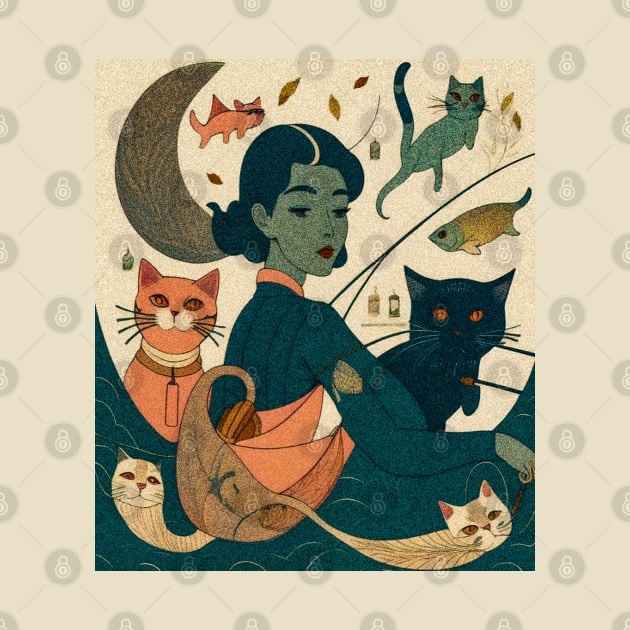 Vintage Art: Portrait of Girl Fishing with her cats by Cyrensea
