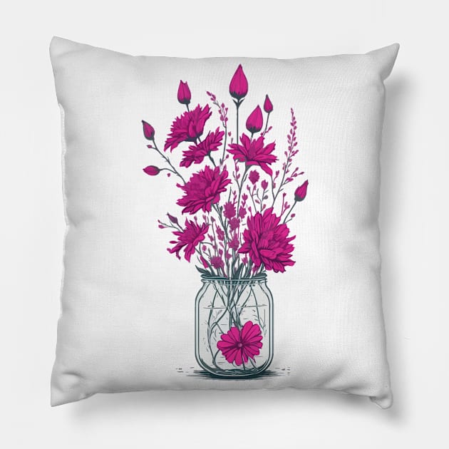 Fuchsia Flowers in a Mason Jar Pillow by Yolanda.Kafatos