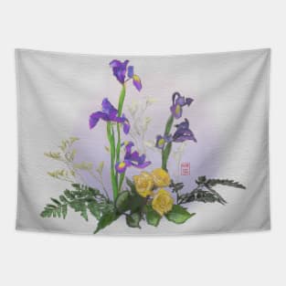 Ikebana irises with yellow roses watercolor Tapestry