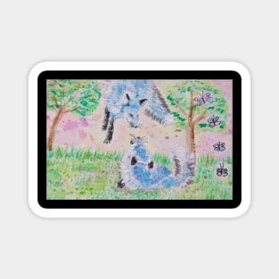 Blue foxes  at play watercolor painting Magnet