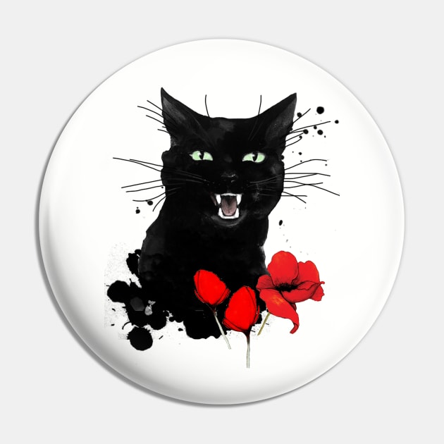 Black Cat Red Poppy Pin by TatianaBS