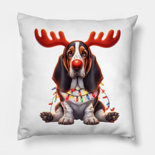 Christmas Red Nose Basset Hound Dog Pillow by Chromatic Fusion Studio