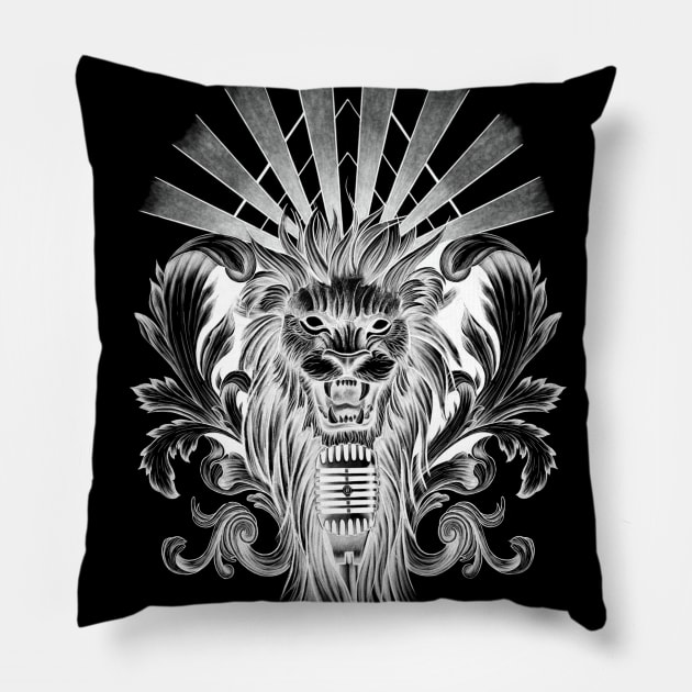 Lion Singing into Microphone with Baroque Leaves and Sunrays Pillow by Tred85