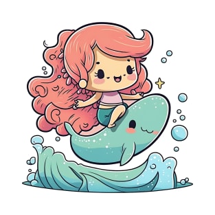 Cute kawaii mermaid girl riding a whale above the wave T-Shirt