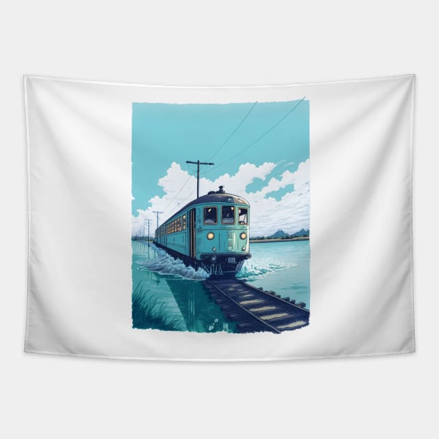 Retro Anime Style Old Japanese Train Tapestry by KaPrints