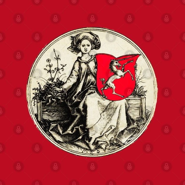 MEDIEVAL LADY HOLDING A SHIELD WITH RAMPANT UNICORN in Black White Red by BulganLumini