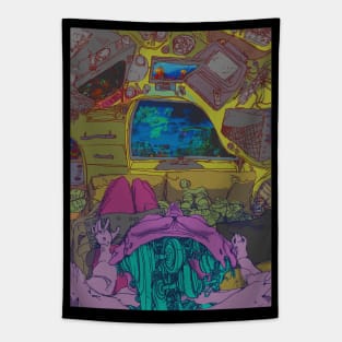 retro cyber style robot playing a computer game in an enclosed space Tapestry