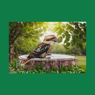Laughing Blue-Winged Kookaburra Bird Sitting on Tree Stump T-Shirt