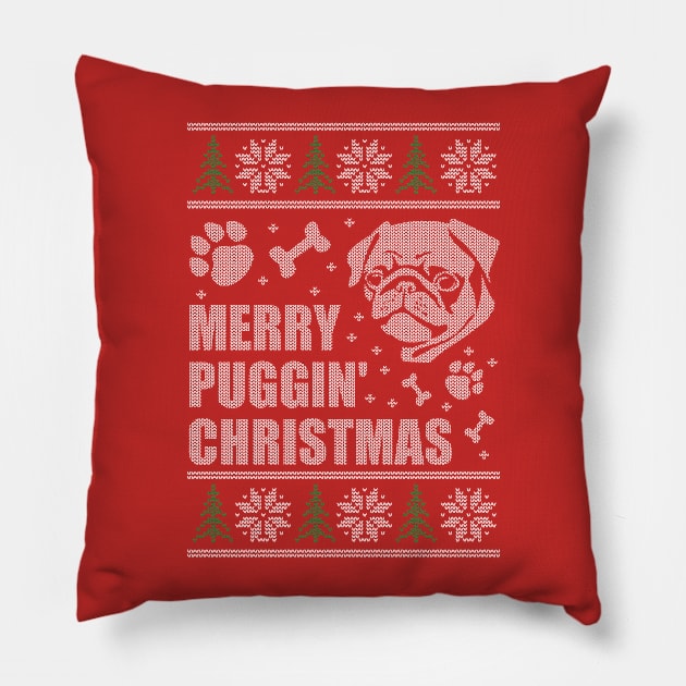 Merry Puggin Christmas Ugly Sweater Pug Shirt Pillow by LacaDesigns