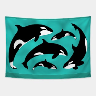 Orca pod - blue background Tapestry