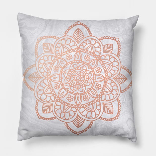 Rose Gold Mandala on White Marble Pillow by julieerindesigns