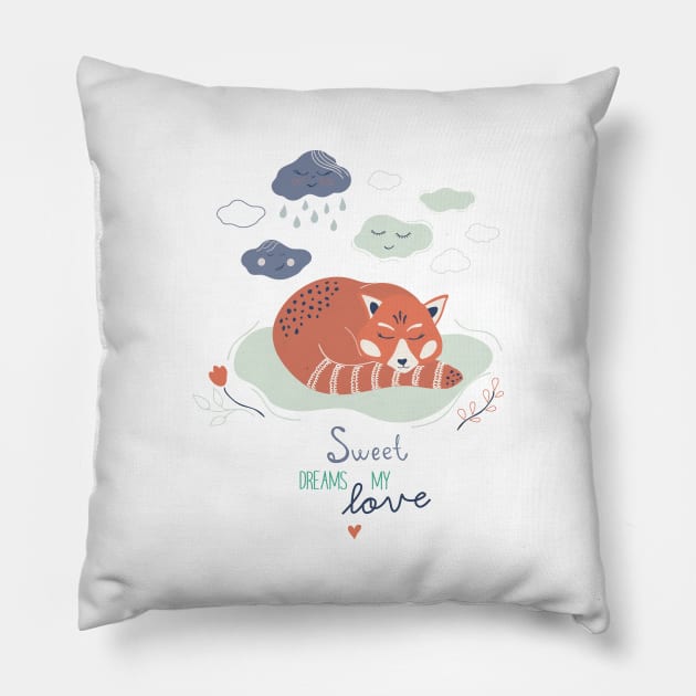 Cute poster with sleeping red panda and clouds Pillow by DanielK