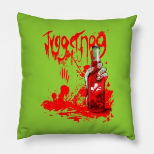 Zombie Hand Bloodied Juggernog on Lime Green Pillow