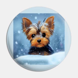 Adorable Yorkshire Terrier Puppy Dog in the Snow Pin