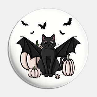 Cute Black Cat in a Bat Costume With White Pumpkins Pin