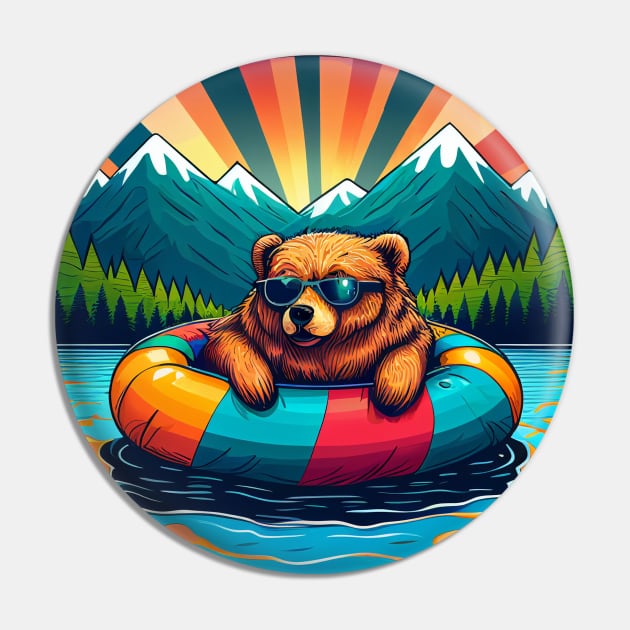 Grizzly Bear in Sunglasses Floating on a Lake with Mountains and Trees -  Animals Wearing Glasses - Pin