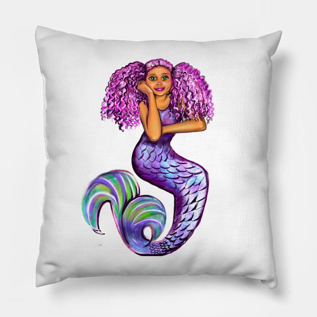 mermaid with pink hair, green eyes and caramel brown skin #002. Black mermaid Pillow by Artonmytee