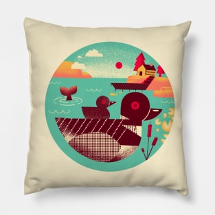 1950s Retro Loon Bird on a Lake Pillow