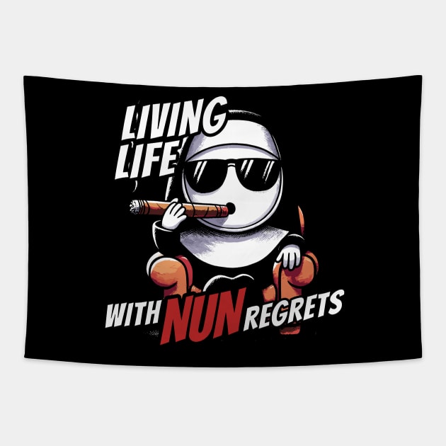 Lifing life with NUN regrets Funny pun design Tapestry by DoodleDashDesigns