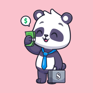 Cute Panda Business Holding Money And Suitcase Cartoon T-Shirt