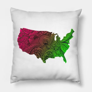 Colorful mandala art map of the United States of America in dark pink and green Pillow