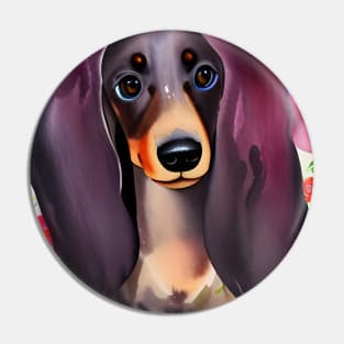 Dachshund Dog Puppy Whimsical Portrait Hiding in Wildflowers Secret Garden Digital Art Watercolor Painting Pin