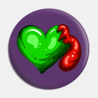 Green Dead Zombie Heart Cartoon Illustration with Blood and for Valentines Day or Halloween Pin