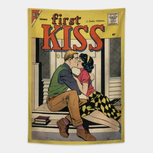 Vintage Romance Comic Book Cover - First Kiss Tapestry