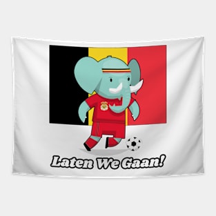 ⚽ Belgium Football, Cute Elephant Kicks Ball, Laten We Gaan! Score! Tapestry