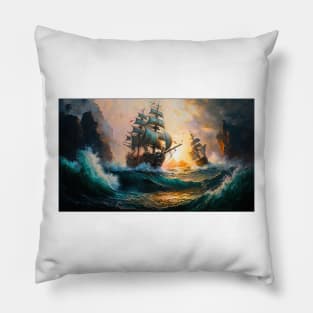 Naval Battle Between Pirate Sailing Ships, Caribbean Seascape #5 Pillow