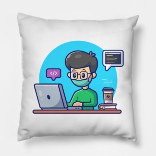 Male working on computer with cat cartoon Pillow