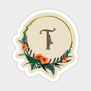 Letter t in circular frame with girl figure and tropical flowers Magnet