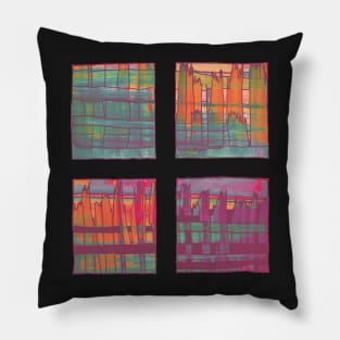 Liminal Space in Orange, Bordeaux and Sapphire Blue through 4 windows Pillow