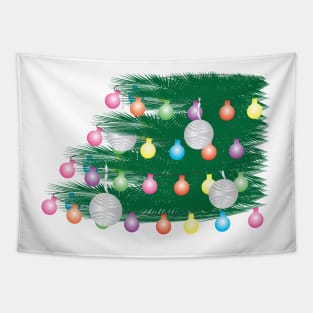 Green Leaves, Colorful Light Bunting and Silver Ornaments Tapestry