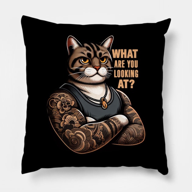 What Are You Looking At meme Tabby Cat Pillow by Plushism