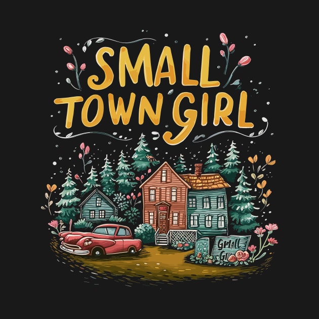 Small Town Girl, Retro Town Drawing by emmjott