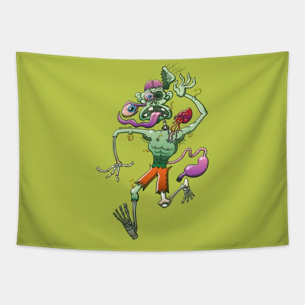 Creepy zombie in trouble while running and falling apart Tapestry by zooco