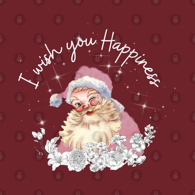 Cute pink Santa with vintage white flowers says I wish you happiness. by Nano-none
