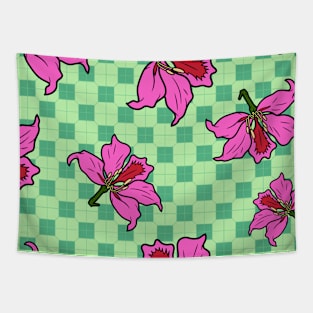 Hong Kong Bauhinia with Mint Green Tile Floor Pattern - Summer Flower Pattern Tapestry